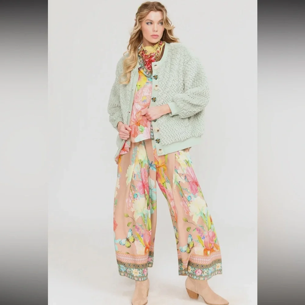 ARATTA Nellie Boho Luxe Mint Fur Jacket Satin Lined Crystal Buttons Boutique - Picture 3 of 16